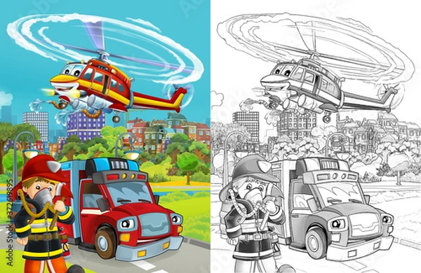 Fototapeta cartoon sketch scene with fire brigade car vehicle on the road