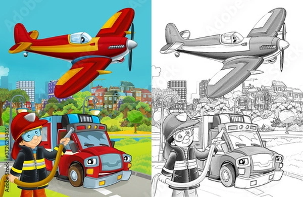 Fototapeta cartoon sketch scene with fire brigade car vehicle on the road