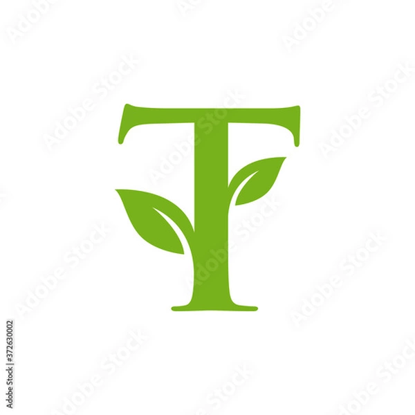 Fototapeta Letter T initial with green leaf logo vector design template
