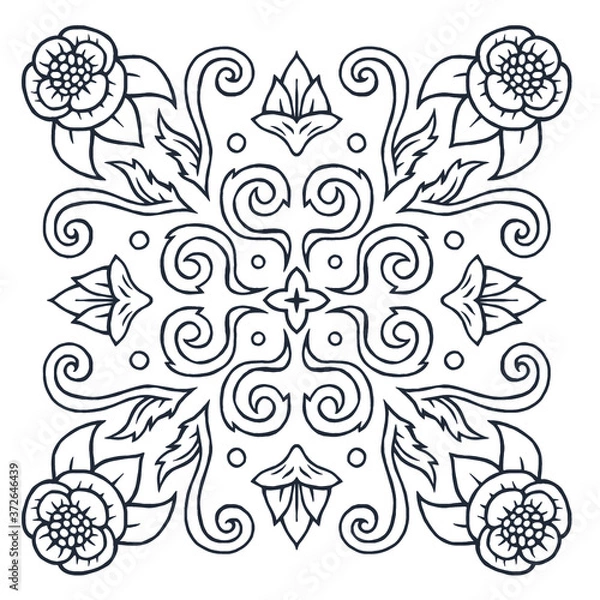 Fototapeta Ornament of silhouette flowers, circles, twisted leaves in a square, central element of flower star. Print for the cover of the book, postcards, t-shirts. Illustration for rugs.