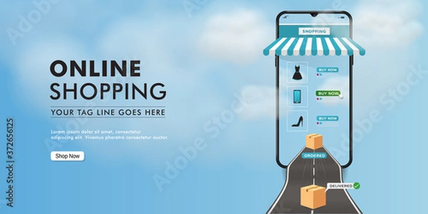 Fototapeta Online Shopping on Websites or Mobile Applications Vector Design Advertise and Digital Marketing with Smartphone illustration for online store promotion.