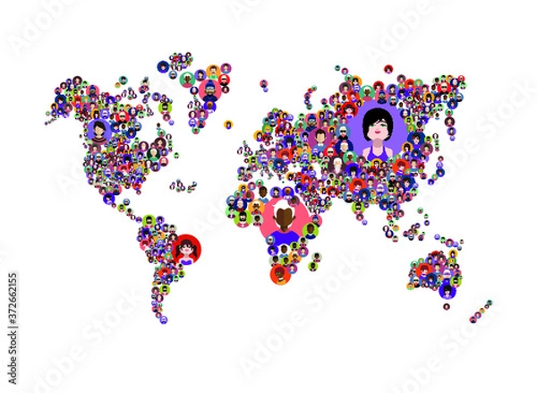 Fototapeta Set of people icons in flat style with faces. Vector women, men with color background