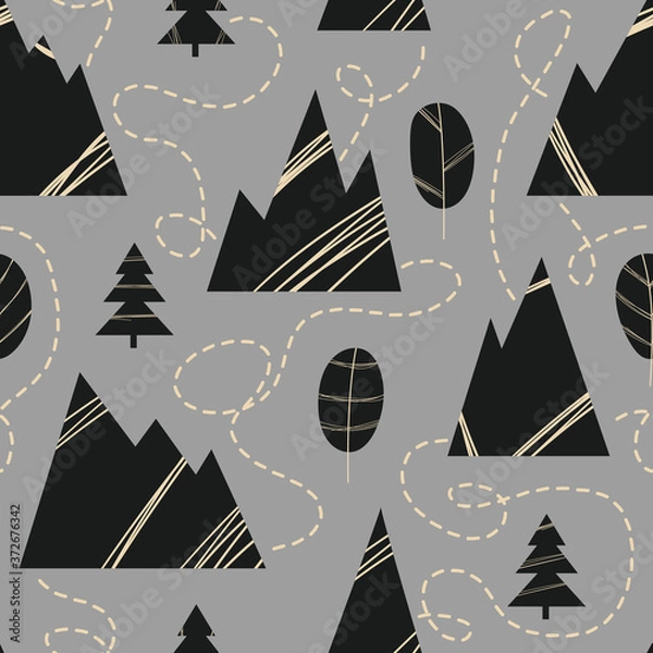 Fototapeta Seamless pattern with mountains, trees and leaves in scandinavian style.