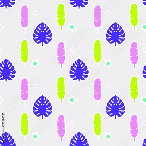 Fototapeta Tropical seamless pattern with bright leaves and flowers. seamless background. Vector illustration.