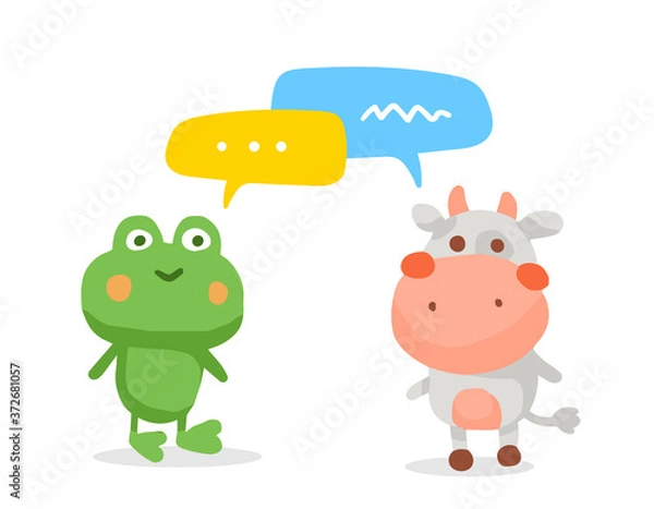 Obraz Vector color illustration of lovely cartoon animal frog and cow with speech bubble talking to each other on white background