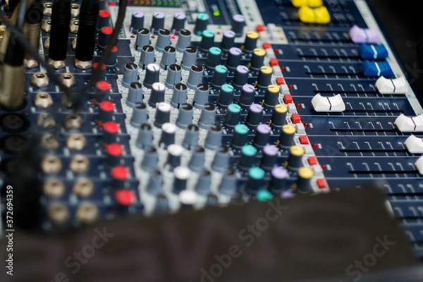 Fototapeta sound check for concert, mixer control, music engineer, backstage 
