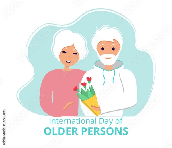 Obraz International Day of Older Persons. Old couple. Senior man giving flowers to his wife. Happy pensioners together. Vector Illustration in flat style 