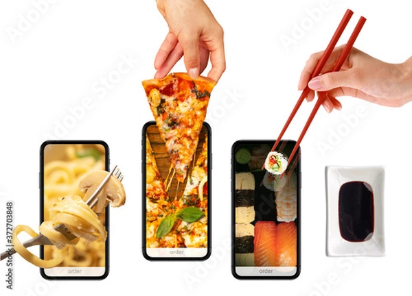 Obraz Order and deliver food online. Pizza, pasta, sushi. Eat from your smartphone. Gadget on white background