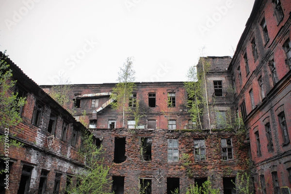 Fototapeta Walls of abandoned building with broken windows. Old red brick house.
