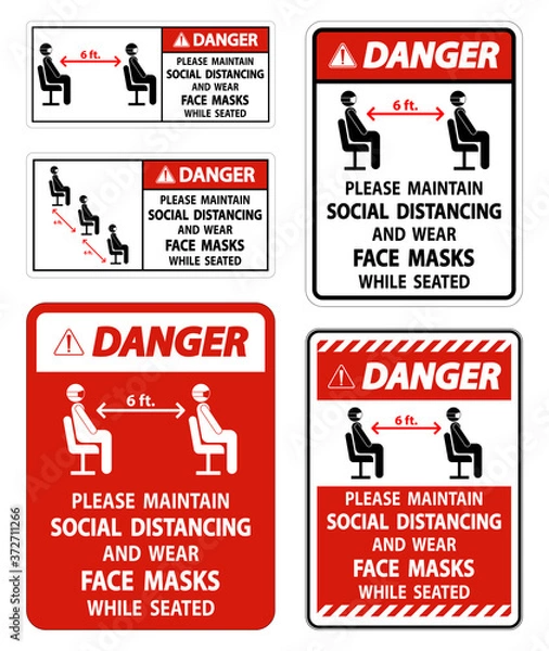 Fototapeta Danger Maintain Social Distancing Wear Face Masks Sign on white background
