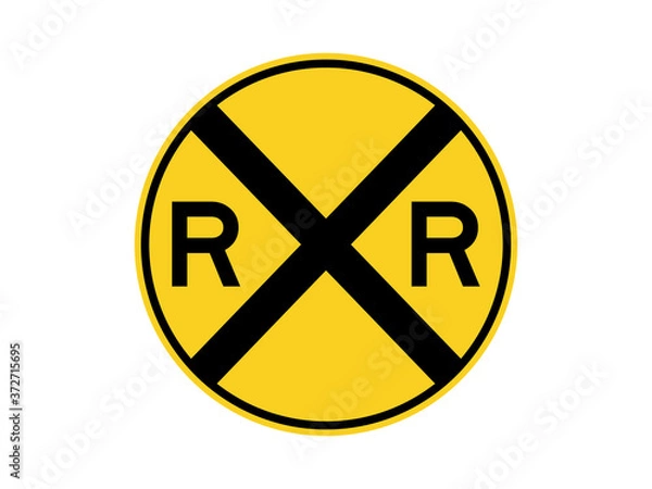 Fototapeta isolated railroad crossing sign on yellow circle board symbol for information, notification, road or street board,  icon. flat vector design.