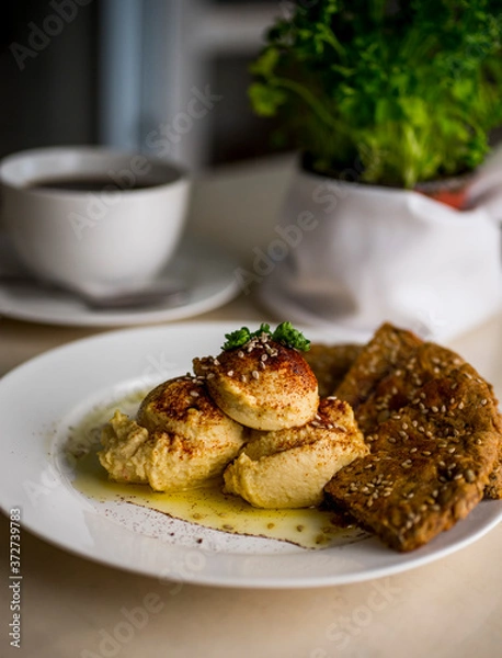 Obraz vegan breakfast with nutritional bread and coffee