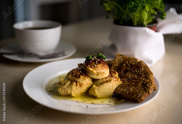 Obraz vegan breakfast with nutritional bread and coffee