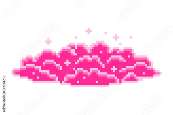 Fototapeta Big shiny glittering pink cloud, pixel art icon isolated on white background. Dreamy sky. 8 bit old school vintage retro 80s-90s video game graphics.