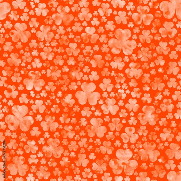 Obraz Watercolor orange clover leaves on orange background. St.Patrick's Day. Seamless pattern. Watercolor stock illustration. Design for backgrounds, wallpapers, covers, textile, packaging.