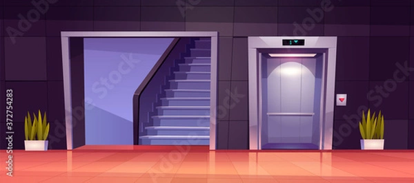 Fototapeta Empty hallway interior with open elevator doors and stairs. Vector cartoon illustration of office lobby, hotel hall, corridor in house with lift, staircase and plants