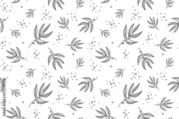 Fototapeta Vector elegant floral seamless pattern in natural farmhouse style with cute simple branches, flowers, leaves. Design for textiles, fabric, wallpaper, wrapping paper, homeware, home decor, web design