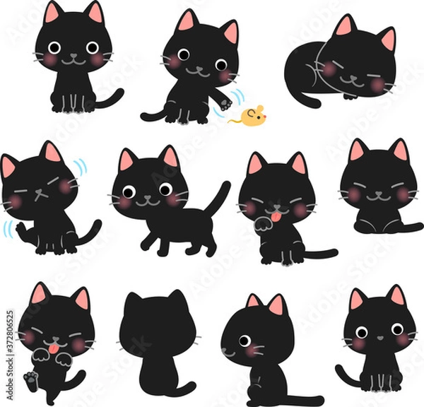 Fototapeta かわいい黒猫のポーズイラストセット