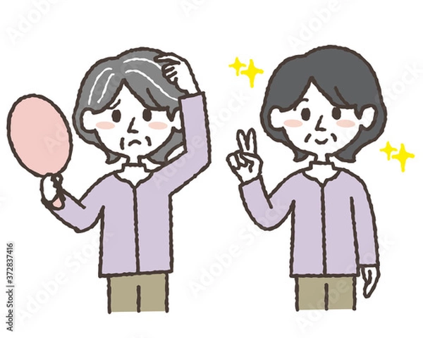 Fototapeta 白髪を気にするおばあさんと、染めて笑顔のおばあさんのイラストセット