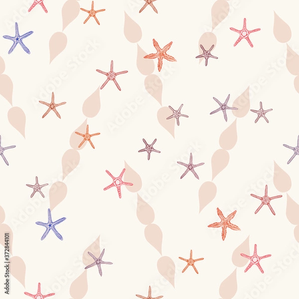 Obraz Seamless pattern with hand drawn sea stars on champagne color background and apricot color drops elements.
