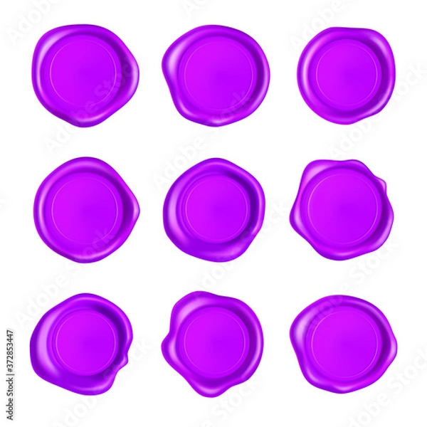 Fototapeta Purple wax seal set. Wax seal stamp set isolated on white background. Realistic guaranteed purple stamps. Realistic 3d vector illustration