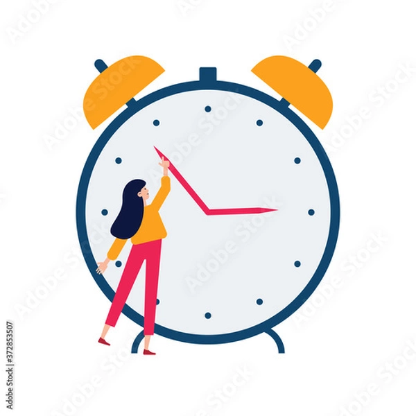 Fototapeta Daylight saving time concept. Young woman turn the hand of the clock. Turning to winter or summer time, alarm clock vector illustration. Character in modern flat art style for your small people design