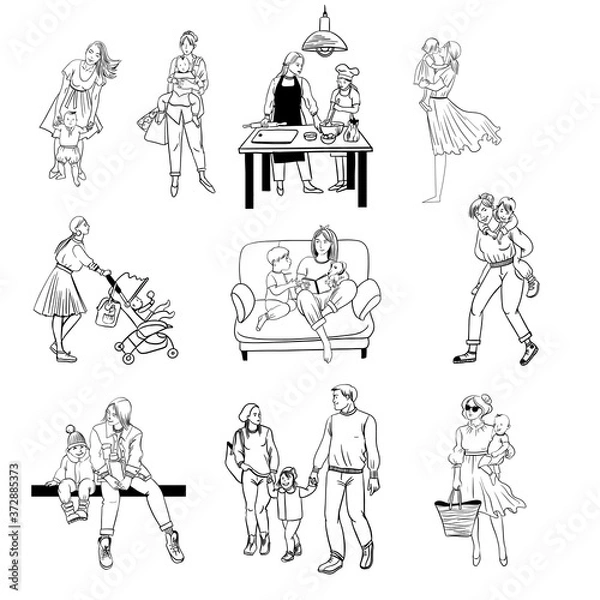 Fototapeta Vector set of woman`s life. Different situations of life with a child, in family, in relationship 