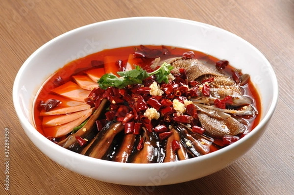 Obraz  Close up of a popular Chinese Sichuan province cuisine Sliced Duck Blood in Chili Sauce oil with lunch meat, tripe and eel slices  (Chinese: Maoxuewang)