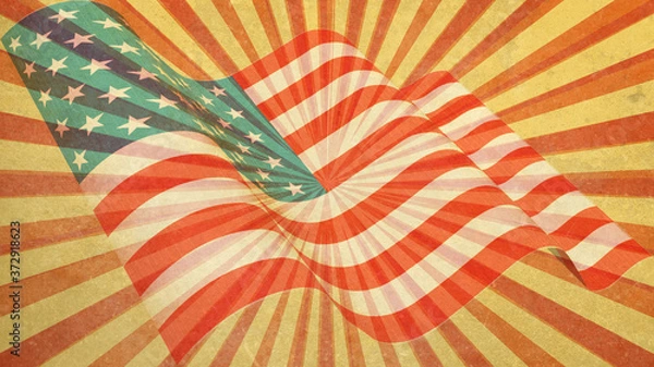 Obraz illustration of United States flag on retro sunburst background