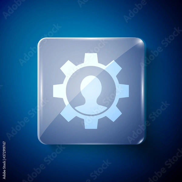 Fototapeta White Human with gear icon isolated on blue background. Artificial intelligence. Thinking brain sign. Symbol work of brain. Square glass panels. Vector.