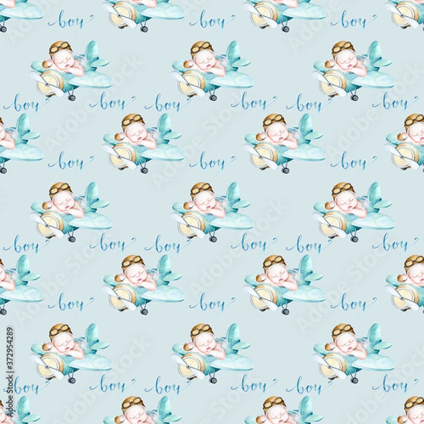 Obraz Watercolor seamless pattern with baby boy