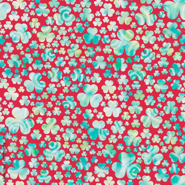 Fototapeta Watercolor blue-green clover leaves on red background. St.Patrick 's Day. Seamless pattern. Watercolor stock illustration. Design for backgrounds, wallpapers, textile, covers and packaging.