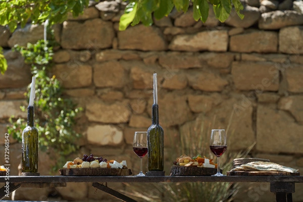 Obraz Wine and snack set. Antipasto and catering table