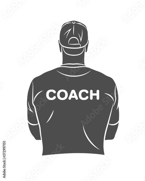 Obraz Silhouette sports coach stands with his back in a T-shirt and baseball cap. Background for sports or coaching theme on a white background. Vector illustration