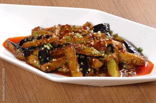 Obraz Close up of one of the most popular Chinese Sichuan province cuisine Fish flavored  eggplants with Minced Pork in Garlic Sauce  (Chinese: Yuxiangqiezi)