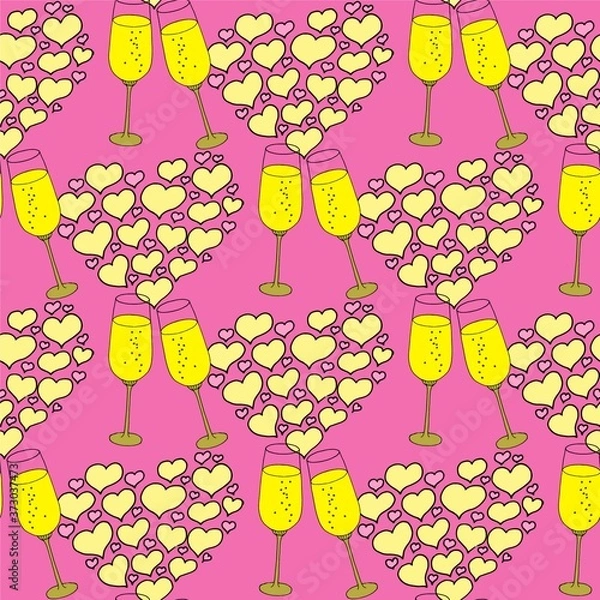 Obraz Vector seamless pattern on love theme. Valentines day seamless wine glass and hearts. Beautiful abstract pattern with Valentines day seamless pattern for decorative design. Logo element for wedding