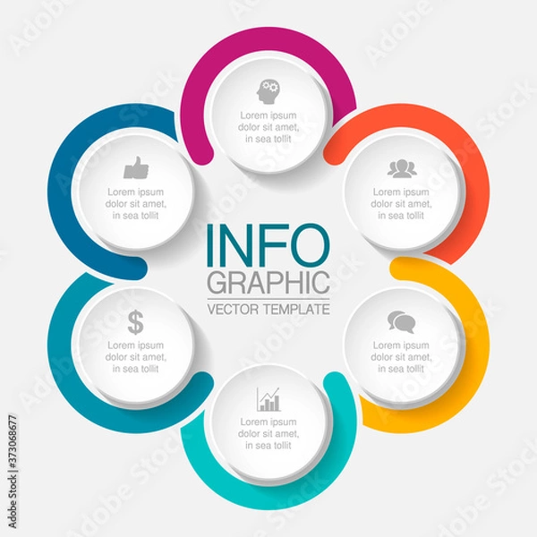 Fototapeta Vector infographic template, circle with 6 steps or options. Data presentation, business concept design for web, brochure, diagram.