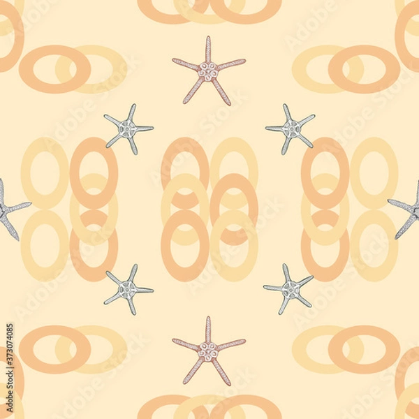 Obraz Seamless pattern with hand drawn sea stars on peachy background and peach yellow rings elements.