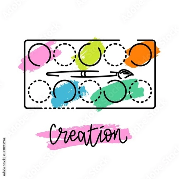 Fototapeta An icon with a bright palette for paints. Brush and paint. Vector illustration. Logo for the art studio. Hand lettering "Creation".