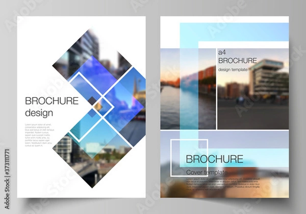 Fototapeta The vector layout of A4 format modern cover mockups design templates for brochure, magazine, flyer, booklet, annual report. Creative trendy style mockups, blue color trendy design backgrounds.