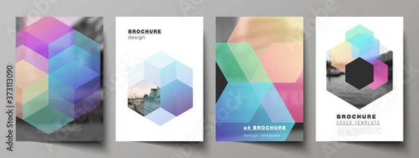 Fototapeta Vector layout of A4 format cover mockups design templates with colorful hexagons, geometric shapes, tech background for brochure, flyer layout, booklet, cover design, book design, brochure cover.