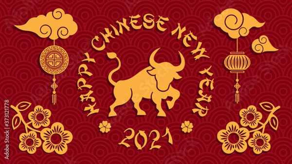 Obraz Chinese new year 2021 year of the ox background, red and gold paper cut ox character, flower and asian elements with craft style on background