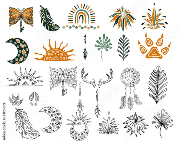 Fototapeta Outline hand drawn bohemian clipart for print with moon, sun, dream catcher, rainbow. Boho chic of free spirit design with feather, arrow. Silhouette set of ethnic elements, indian object, symbol