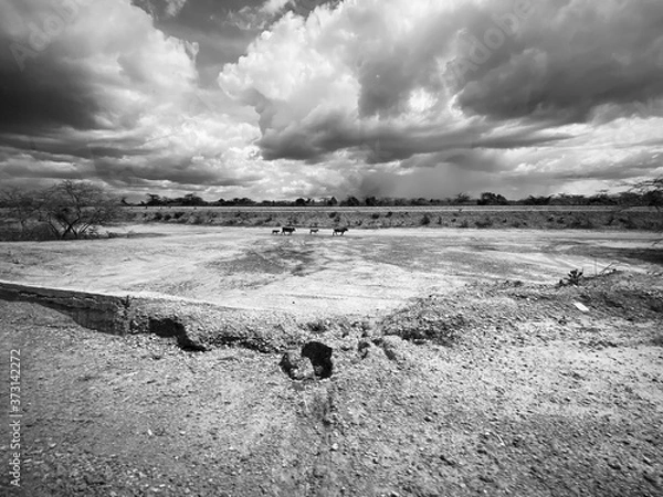 Obraz black and white clouds, desert