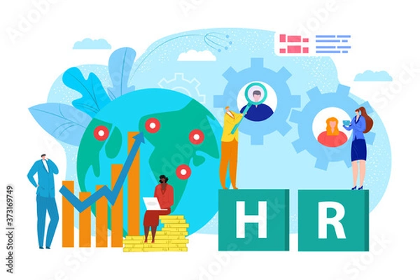 Obraz Business people at world map, search job recruitment and company employment vector illustration. Global worker human resources with glass design concept. Network candidate businessman choice.