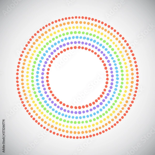 Fototapeta Round shape, circle made of hand drawn uneven dots, beads, spots. Lgbt rainbow colors. Colorful dot frames, rings of various diameter set. Editable graphic design element, dotted template for borders.