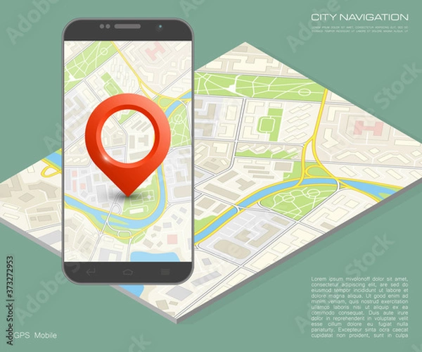 Obraz Isometry City map route navigation smartphone, phone point marker, road drawing schema, isometric city plan GPS navigation tab, itinerary destination arrow paper city map. Route isometric check point