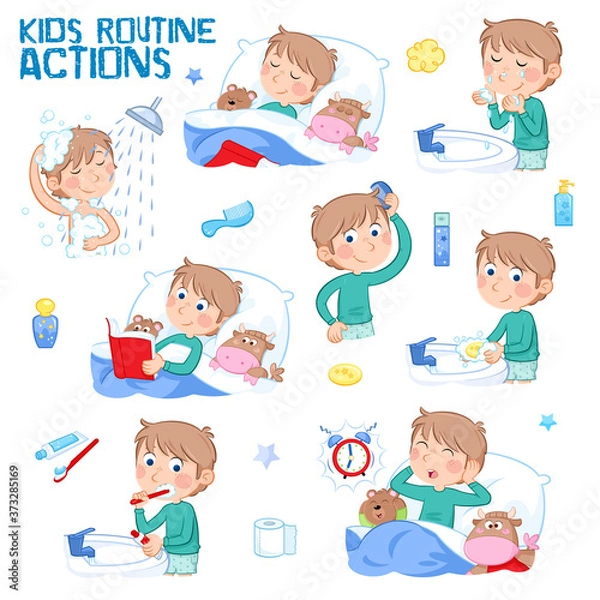 Fototapeta Daily routine actions of a little boy with light brown hair - Set of eight cute illustrations - Isolated - White background