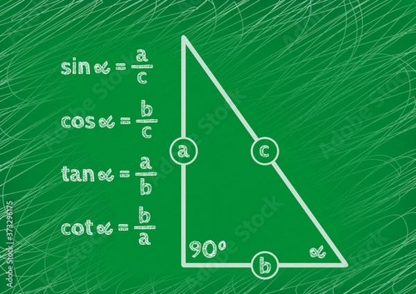 Fototapeta Trigonometric functions in a right triangle drawn on a green board. Graphic presentation for math teachers.	