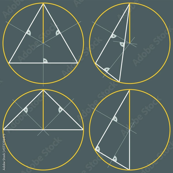 Fototapeta Construction of a circle circumscribed on a triangle. Two-dimensional geometric figure, school geometry.